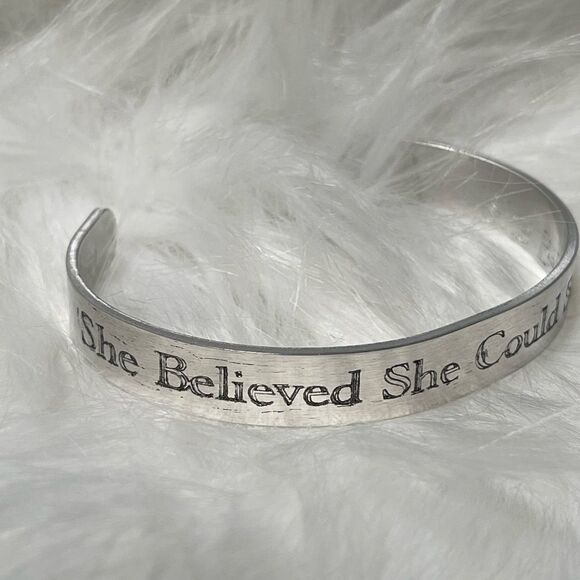Engraved aluminum cuff bracelet she believed she could so she did cuff b… - Picture 1 of 5